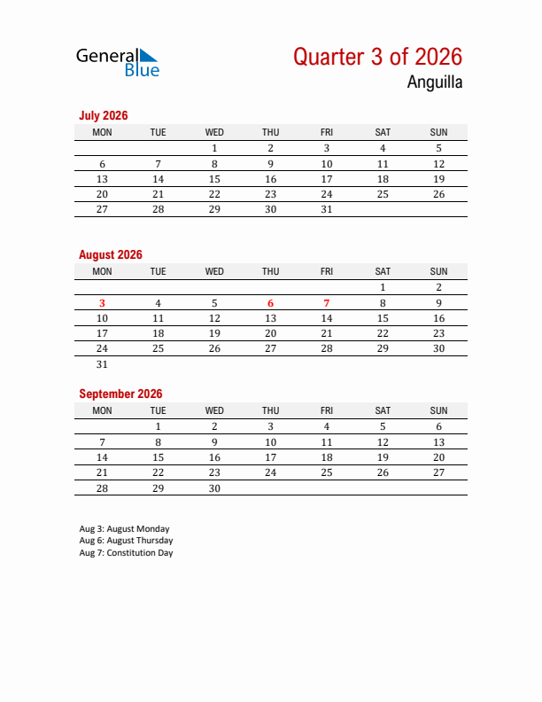 Printable Three Month Calendar with Anguilla Holidays