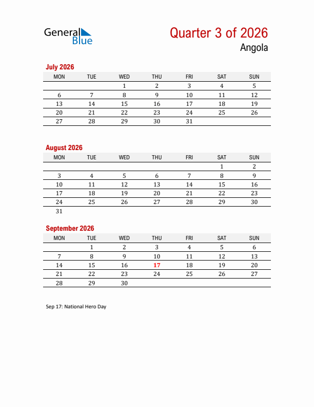 Printable Three Month Calendar with Angola Holidays