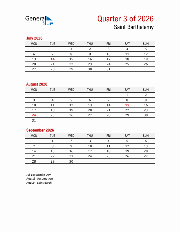 Printable Three Month Calendar with Saint Barthelemy Holidays