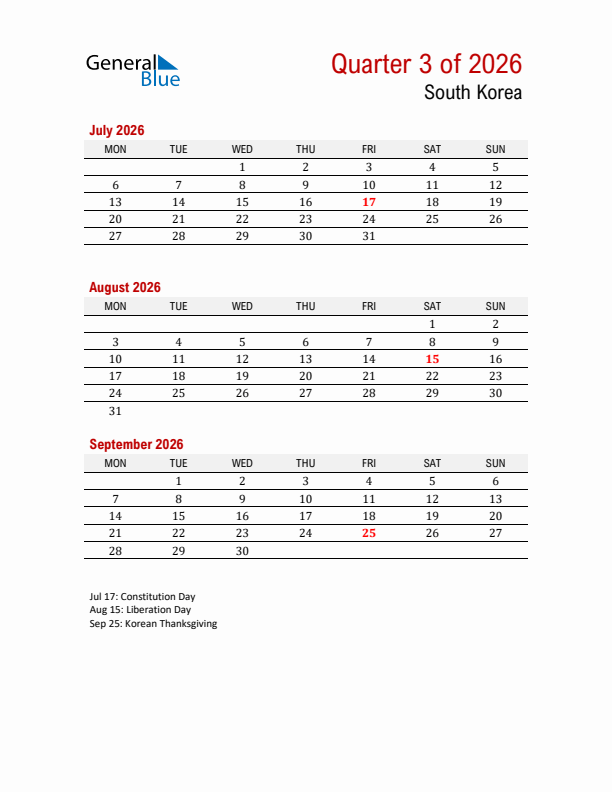 Printable Three Month Calendar with South Korea Holidays