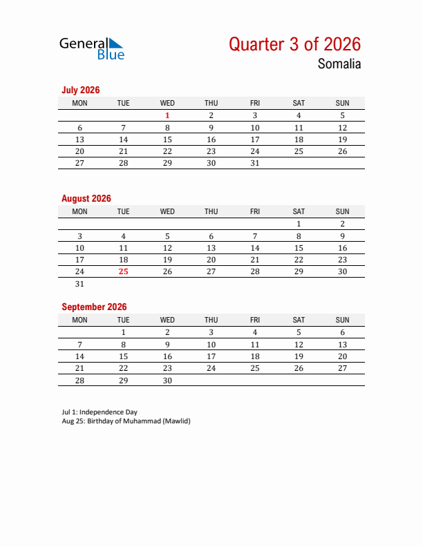 Printable Three Month Calendar with Somalia Holidays