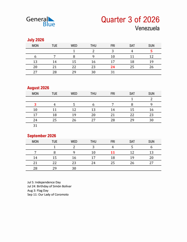 Printable Three Month Calendar with Venezuela Holidays