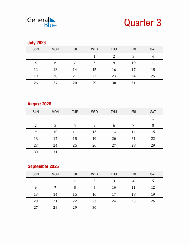 Three-Month Printable Calendar 2026