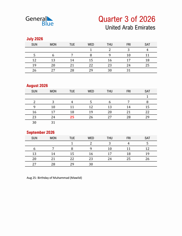 Printable Three Month Calendar with United Arab Emirates Holidays