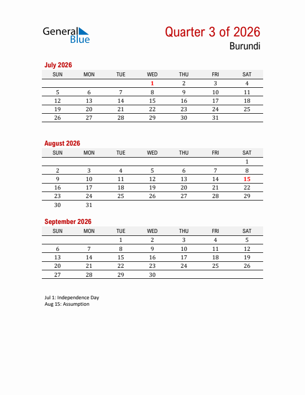 Printable Three Month Calendar with Burundi Holidays