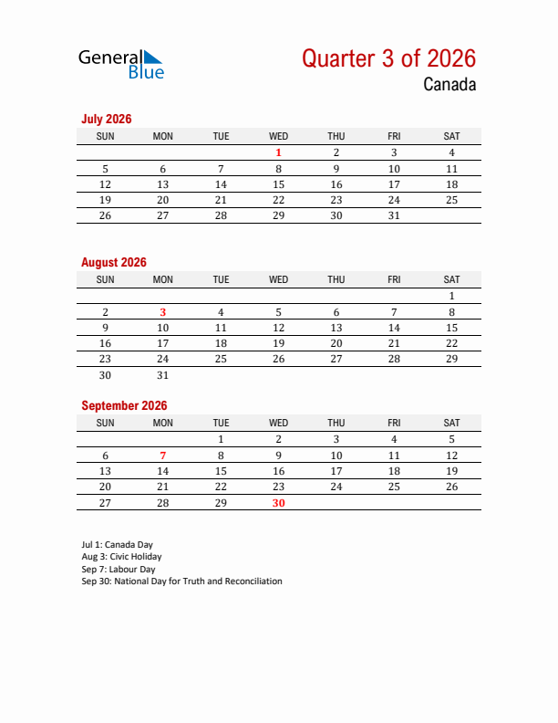 Printable Three Month Calendar with Canada Holidays