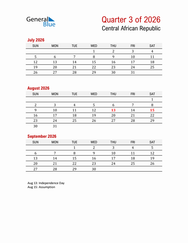 Printable Three Month Calendar with Central African Republic Holidays