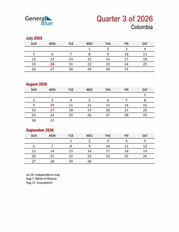 Printable Three Month Calendar with Colombia Holidays