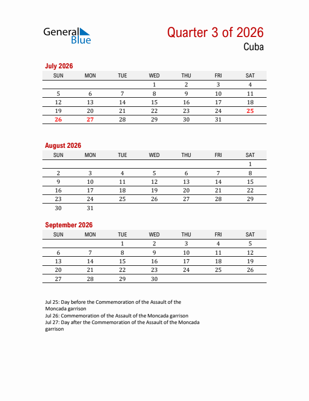 Printable Three Month Calendar with Cuba Holidays