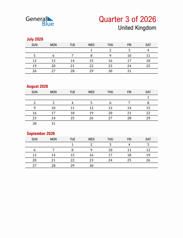 Printable Three Month Calendar with United Kingdom Holidays