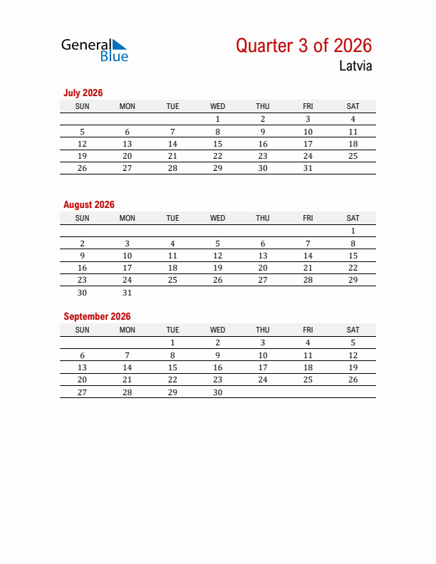 Printable Three Month Calendar with Latvia Holidays