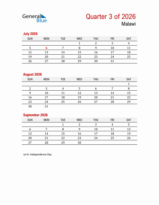 Printable Three Month Calendar with Malawi Holidays