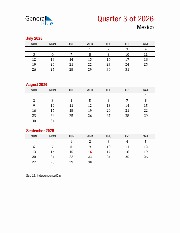 Printable Three Month Calendar with Mexico Holidays