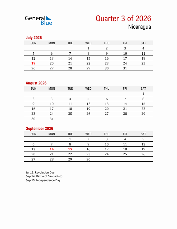 Printable Three Month Calendar with Nicaragua Holidays