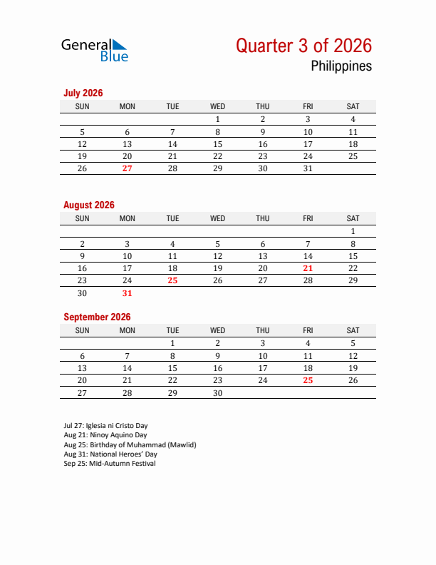 Printable Three Month Calendar with Philippines Holidays