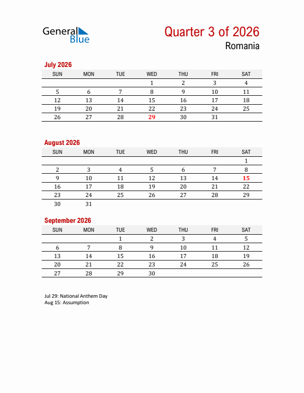 Printable Three Month Calendar with Romania Holidays