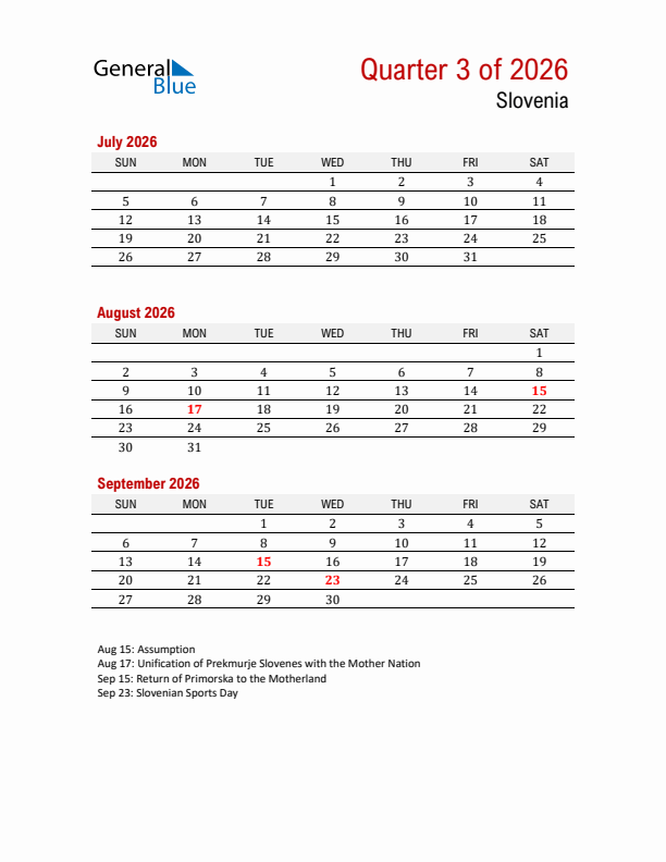 Printable Three Month Calendar with Slovenia Holidays