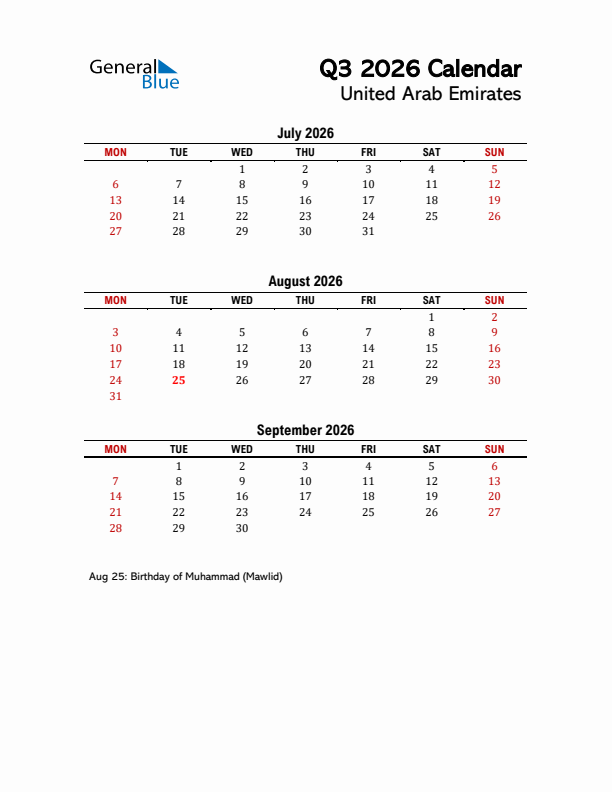 2026 Q3 Calendar with Holidays List for United Arab Emirates