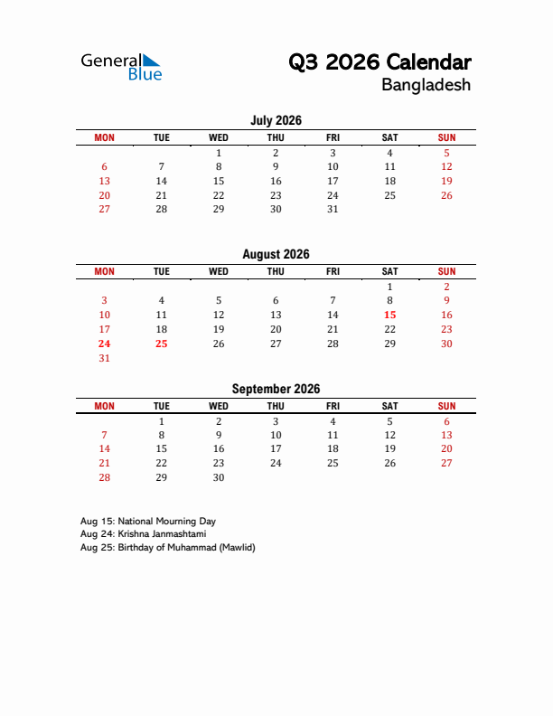 2026 Q3 Calendar with Holidays List for Bangladesh