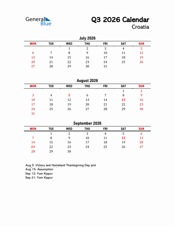 2026 Q3 Calendar with Holidays List for Croatia