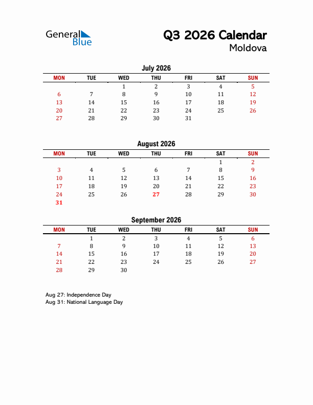 2026 Q3 Calendar with Holidays List for Moldova