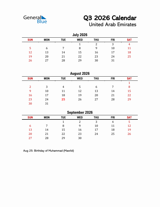 2026 Q3 Calendar with Holidays List for United Arab Emirates