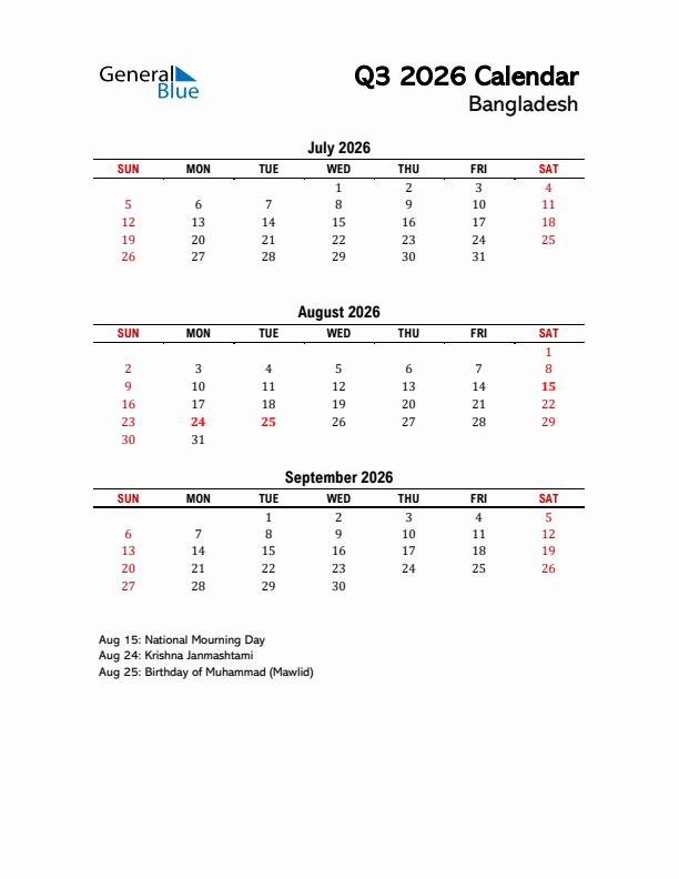 2026 Q3 Calendar with Holidays List for Bangladesh