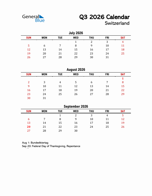 2026 Q3 Calendar with Holidays List for Switzerland