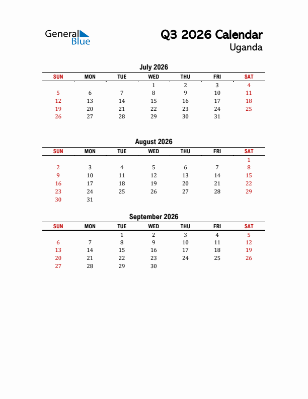 2026 Q3 Calendar with Holidays List for Uganda