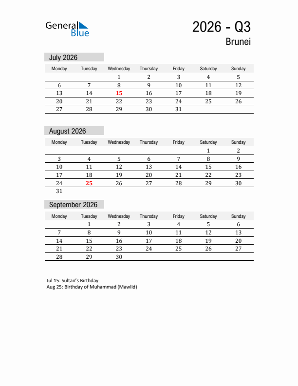 Brunei Quarter 3 2026 Calendar with Holidays