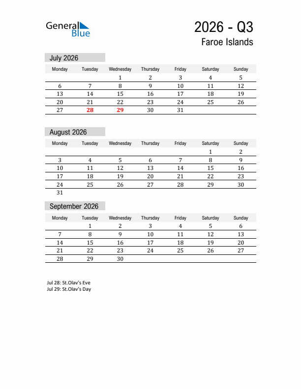 Faroe Islands Quarter 3 2026 Calendar with Holidays
