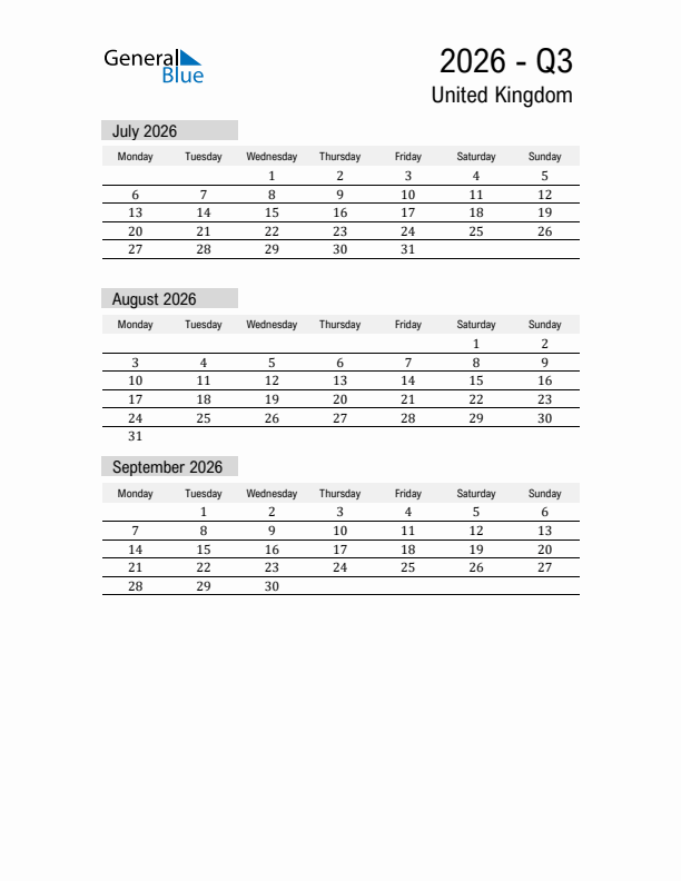 United Kingdom Quarter 3 2026 Calendar with Holidays