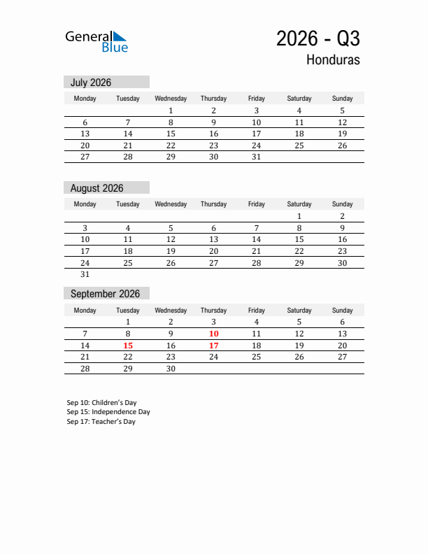 Honduras Quarter 3 2026 Calendar with Holidays