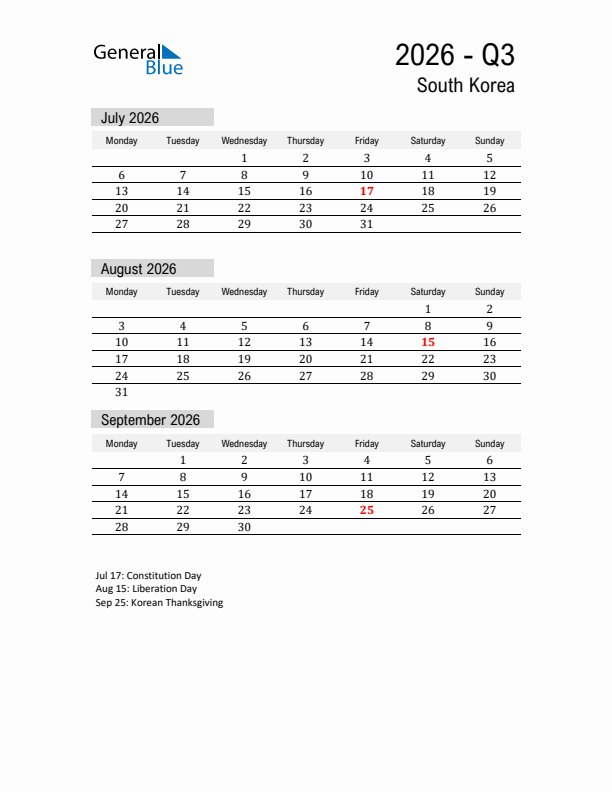 South Korea Quarter 3 2026 Calendar with Holidays