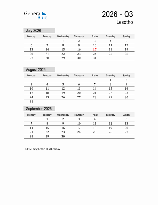 Lesotho Quarter 3 2026 Calendar with Holidays