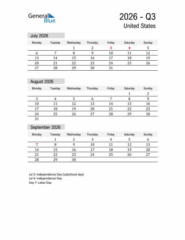 United States Quarter 3 2026 Calendar with Holidays