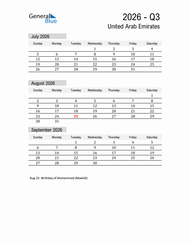 United Arab Emirates Quarter 3 2026 Calendar with Holidays