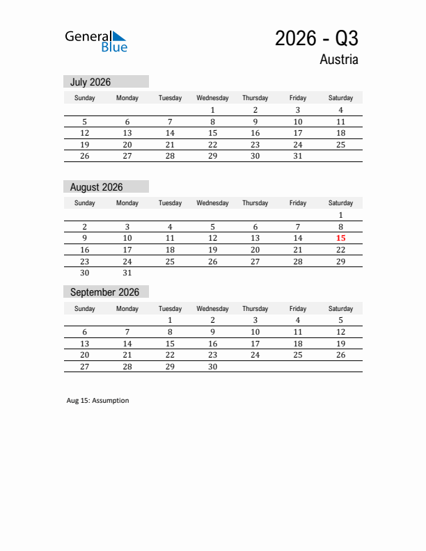 Austria Quarter 3 2026 Calendar with Holidays