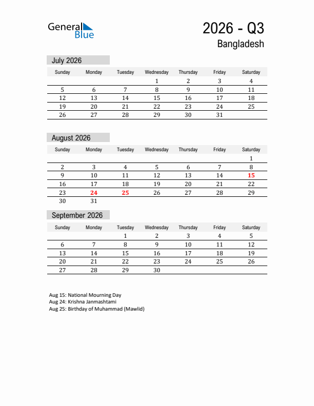 Bangladesh Quarter 3 2026 Calendar with Holidays