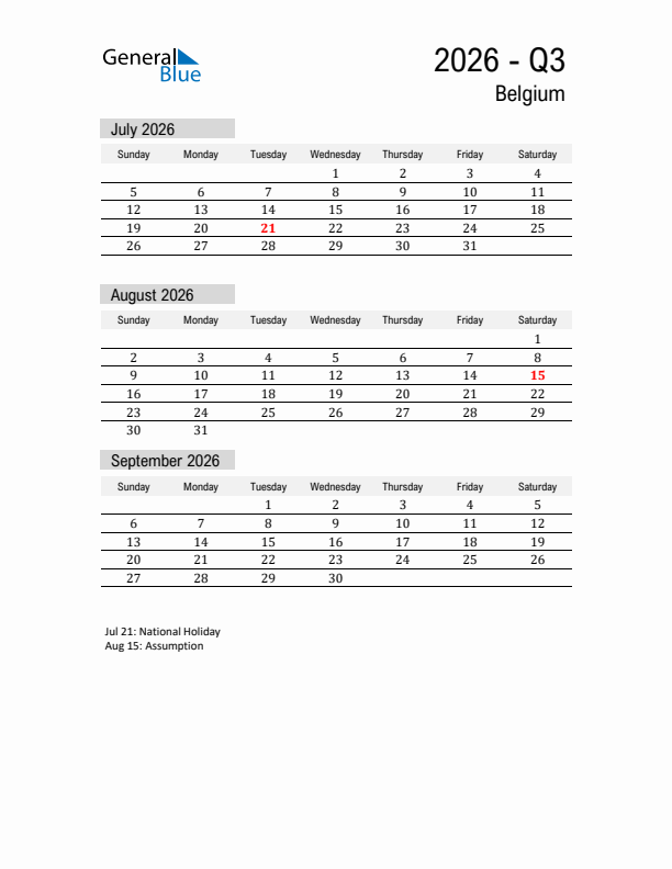 Belgium Quarter 3 2026 Calendar with Holidays