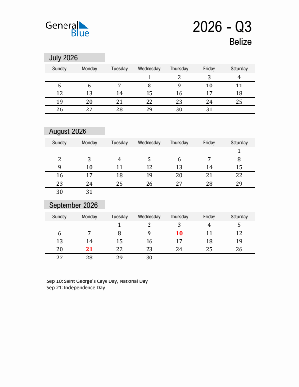 Belize Quarter 3 2026 Calendar with Holidays