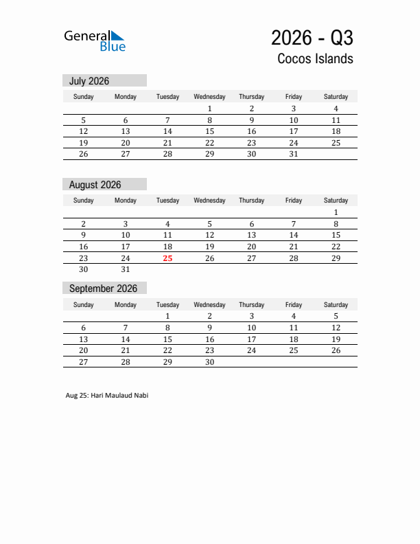 Cocos Islands Quarter 3 2026 Calendar with Holidays