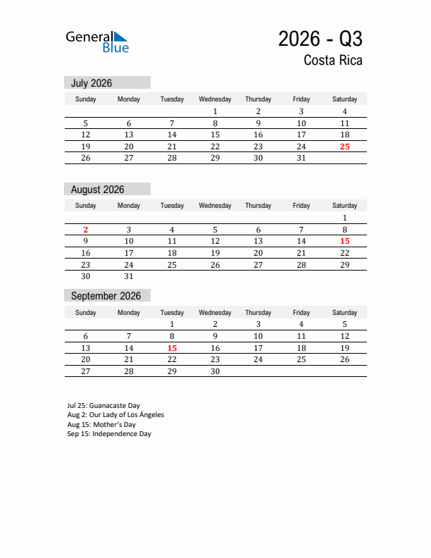 Costa Rica Quarter 3 2026 Calendar with Holidays