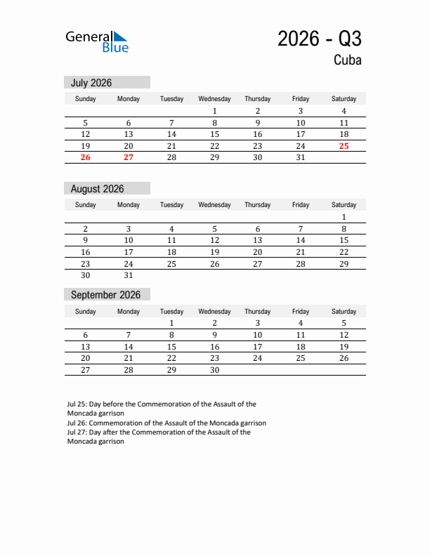 Cuba Quarter 3 2026 Calendar with Holidays