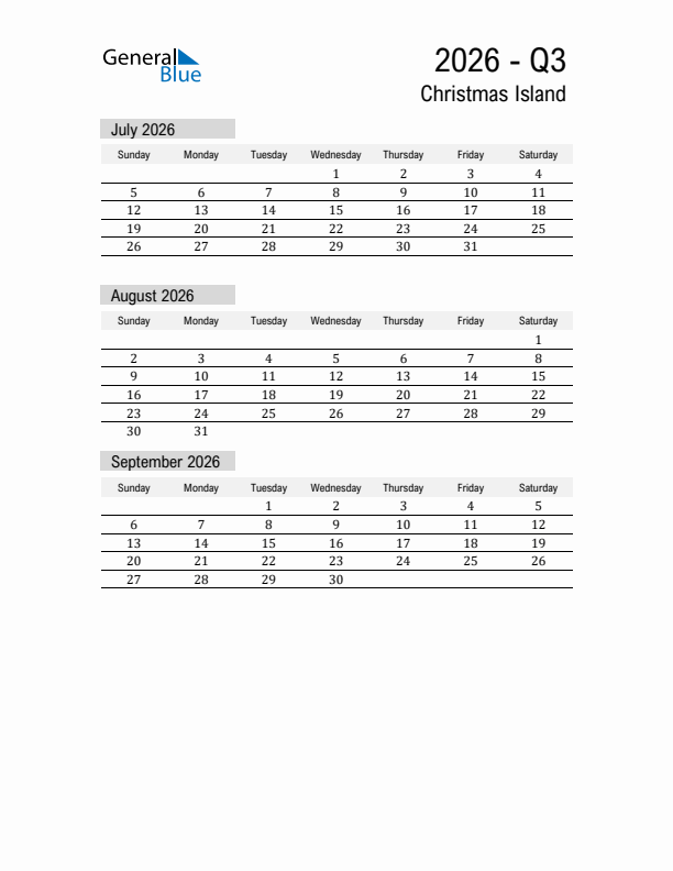 Christmas Island Quarter 3 2026 Calendar with Holidays