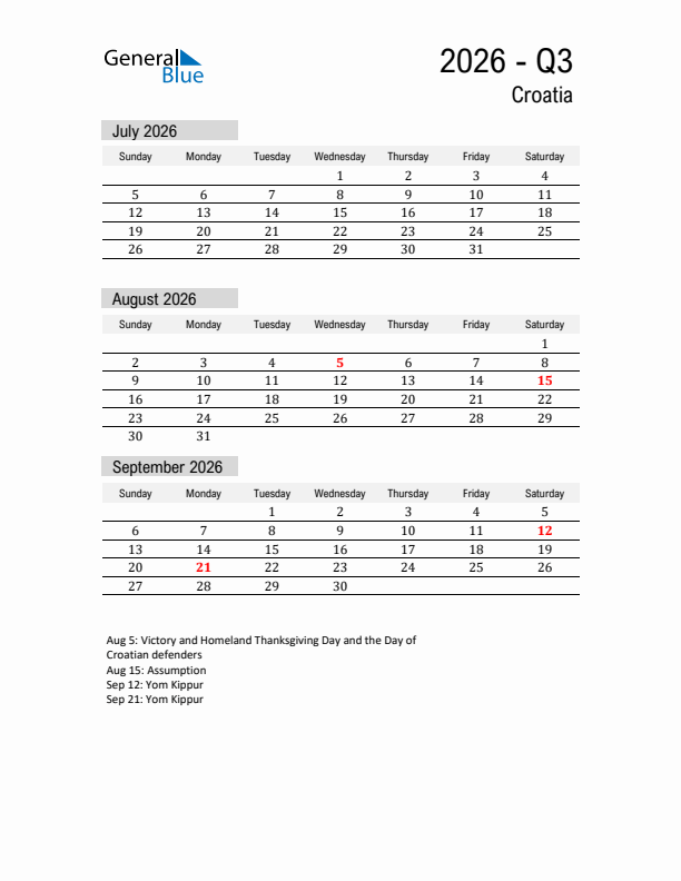 Croatia Quarter 3 2026 Calendar with Holidays