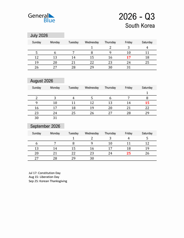 South Korea Quarter 3 2026 Calendar with Holidays