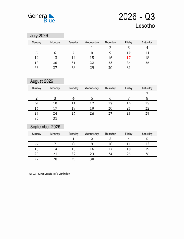 Lesotho Quarter 3 2026 Calendar with Holidays