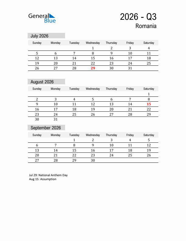 Romania Quarter 3 2026 Calendar with Holidays