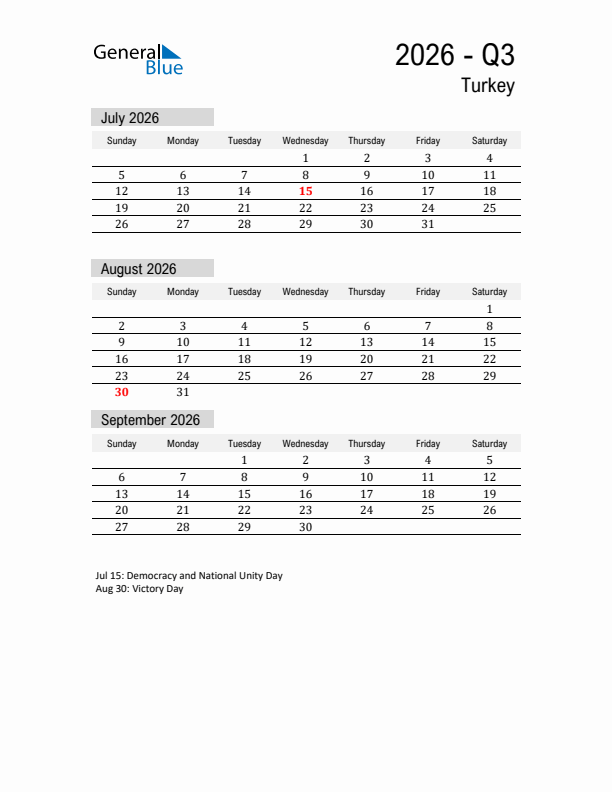 Turkey Quarter 3 2026 Calendar with Holidays